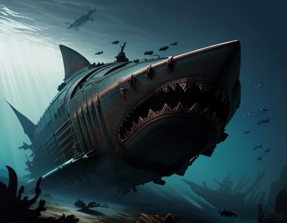 Giant Rusty Robot Shark Underwater: Detailed Matte Painting