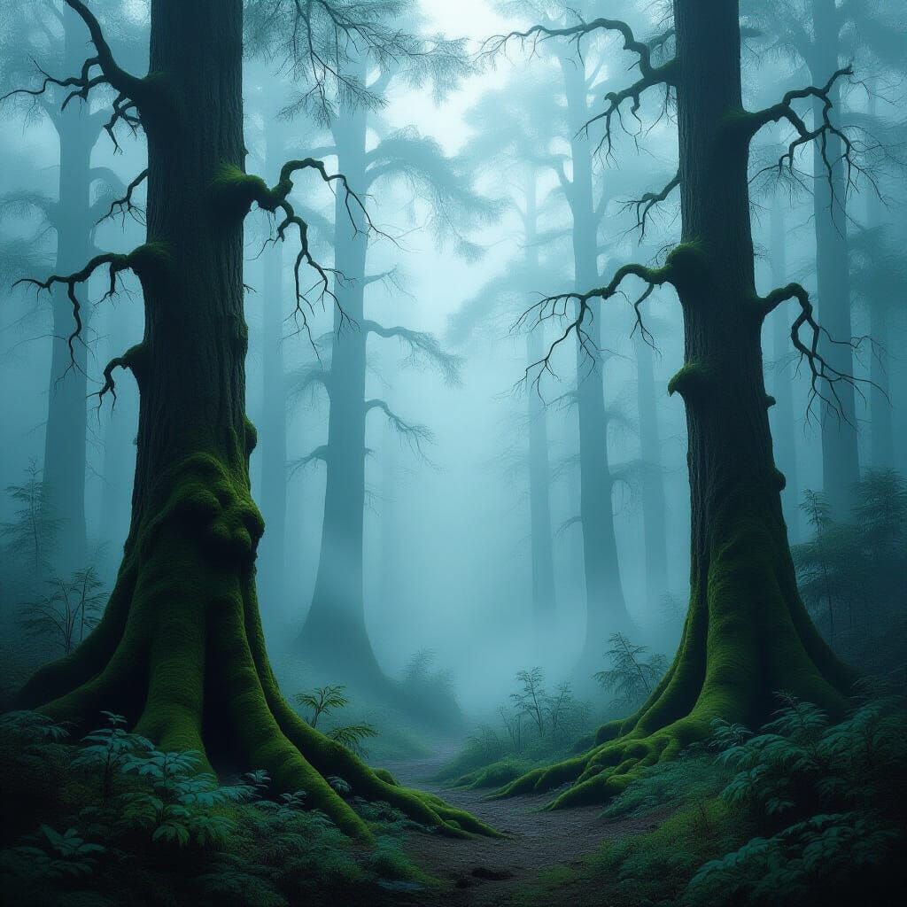 Mysterious Ancient Forest Shrouded in Fog