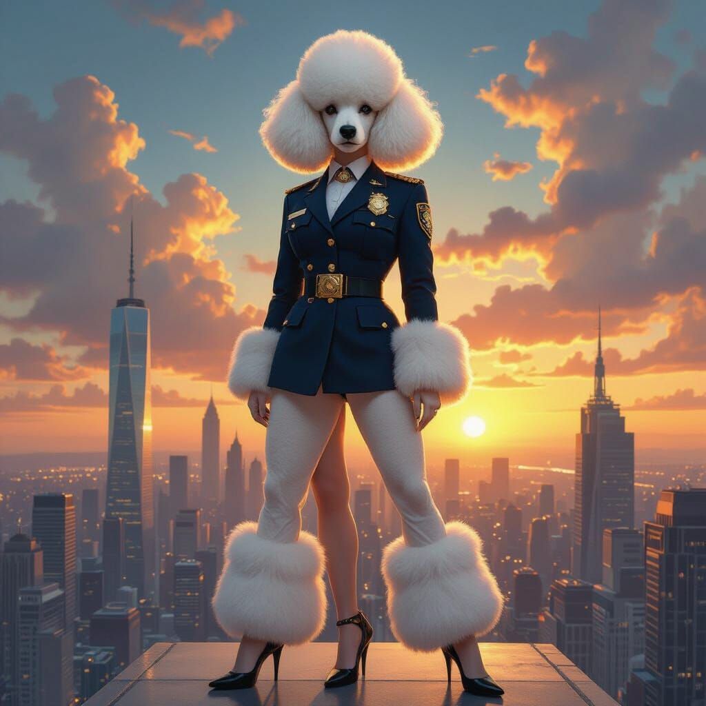 Giant Poodle Policewoman in Metropolis Sunset