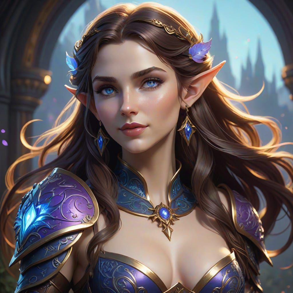 beautiful female elf high ranger.  Long brown hair, blue eye...