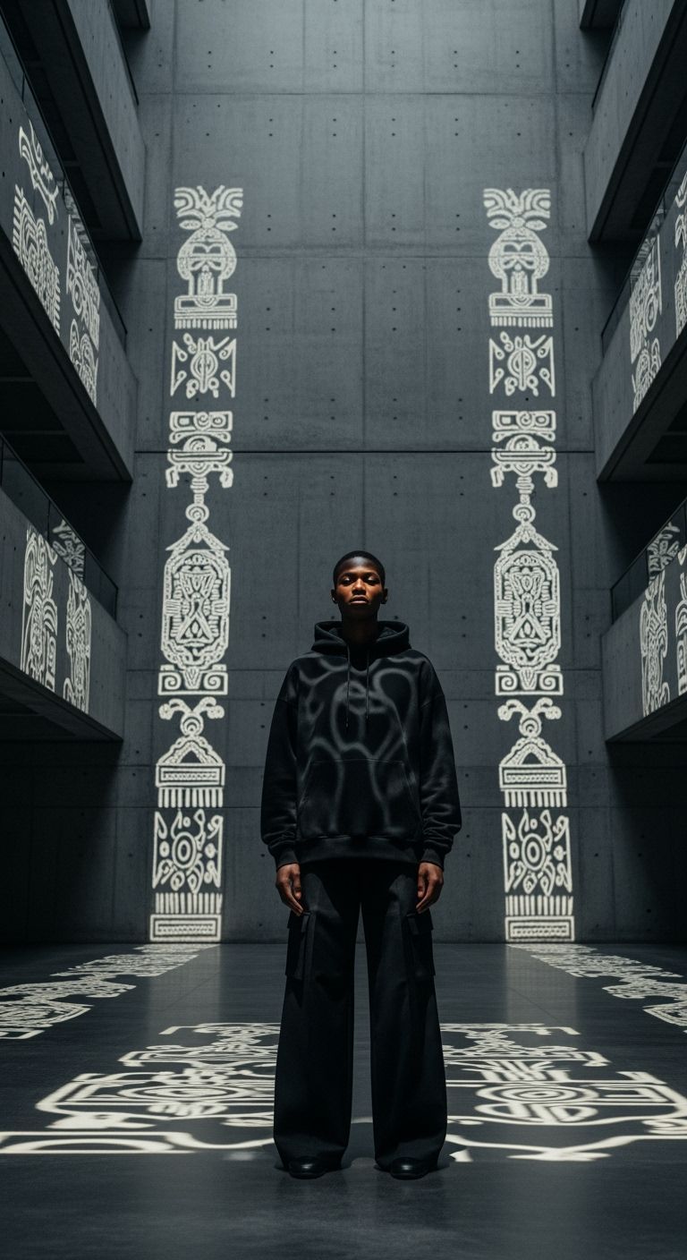 Luxury Streetwear Ad: Model in Brutalist Atrium with Yoruba ...