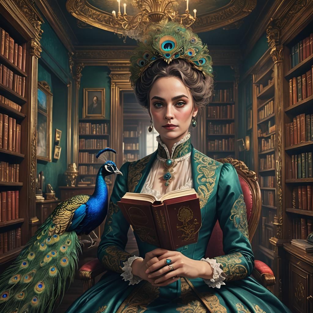 Peacock Trades Book in Elegant Victorian Room