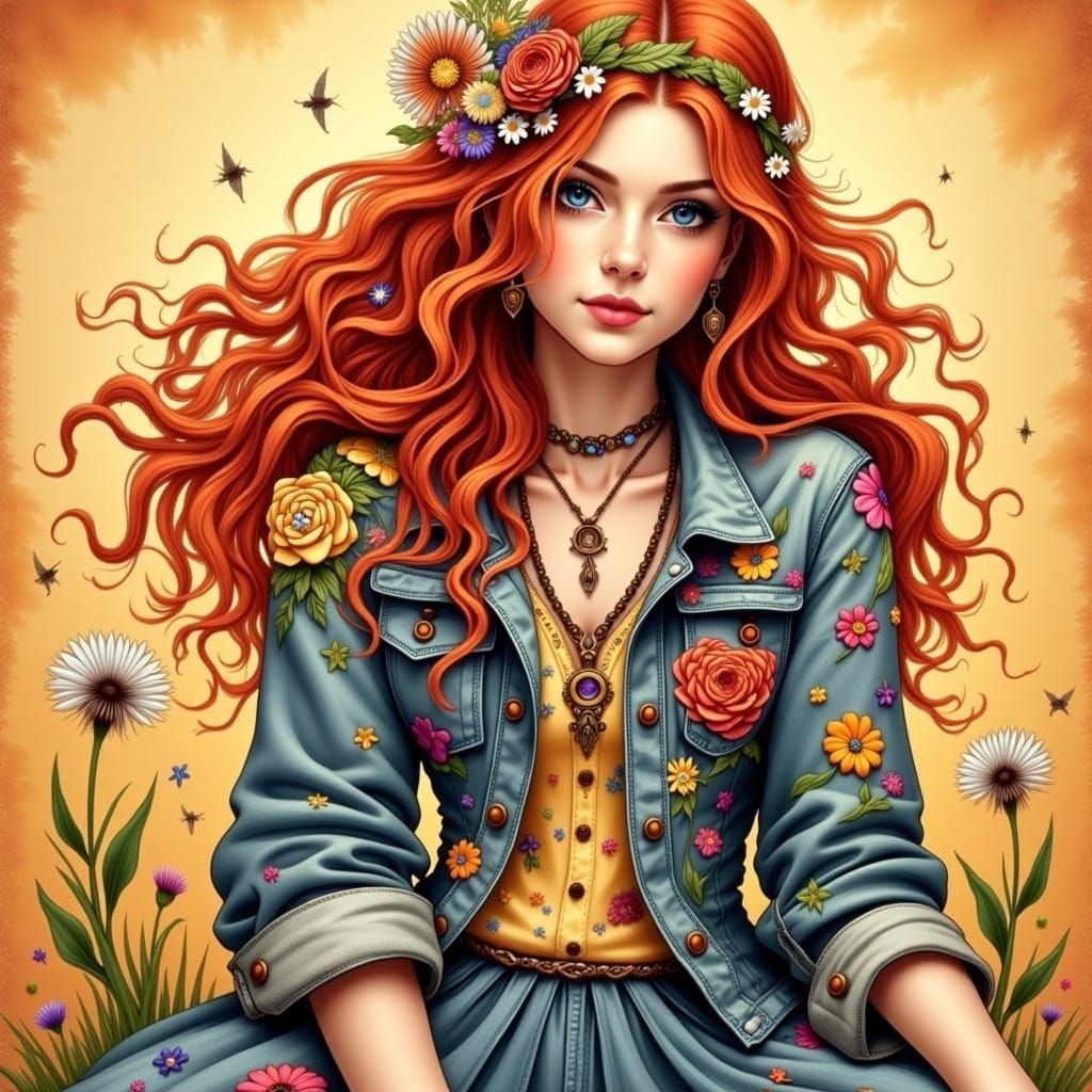 Vibrant Bohemian Woman in Psychedelic Denim