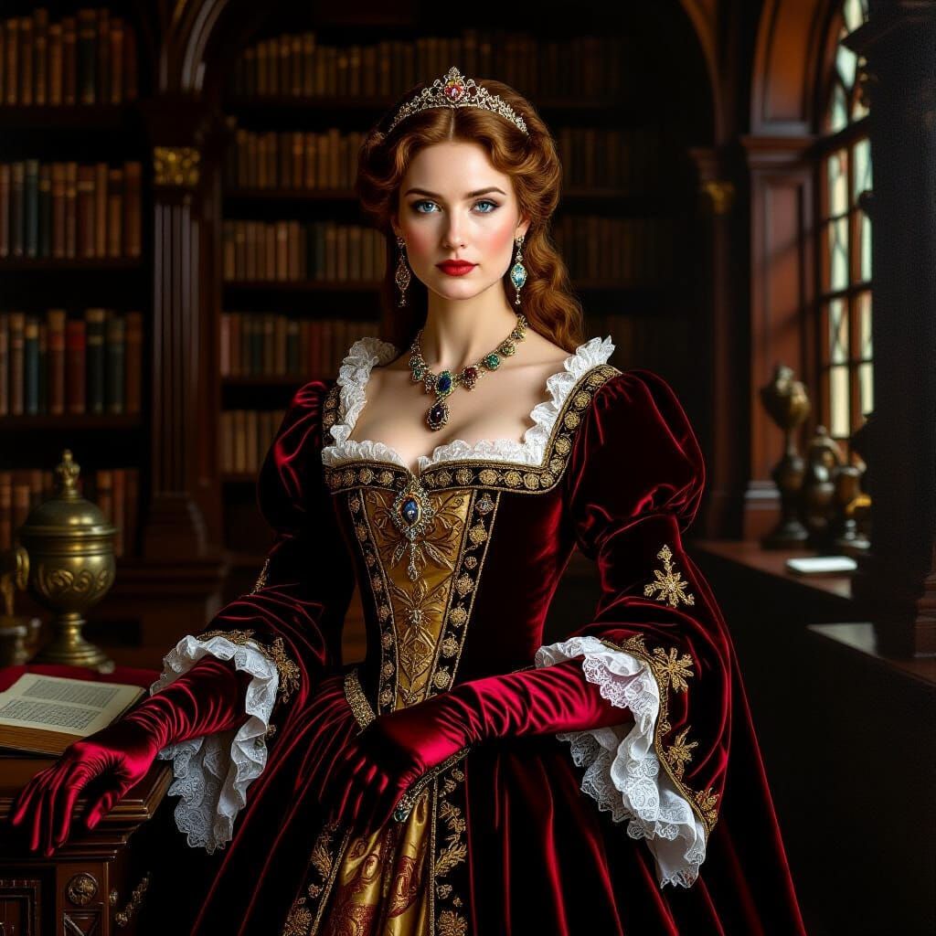 Regal Woman in Castle Library, Baroque Style