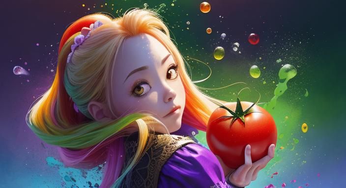 Chibi Rapunzel Eats Tomato in Rainbow Style