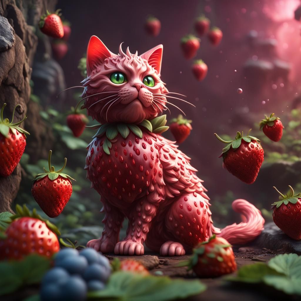 Fantastical Strawberry Cat in Detailed Matte Painting