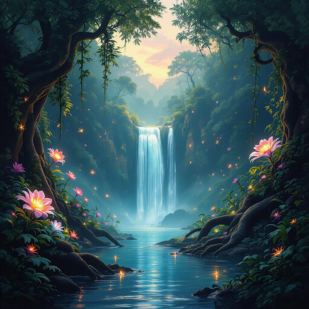 Bioluminescent Jungle at Twilight with Glowing Flora and Fau...