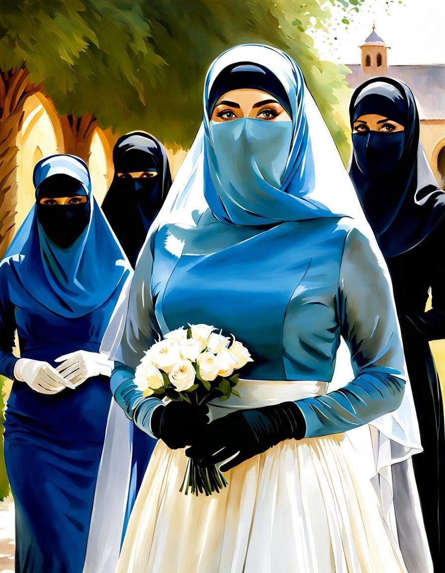 Niqabi Woman's Modest Wedding in Watercolor Style