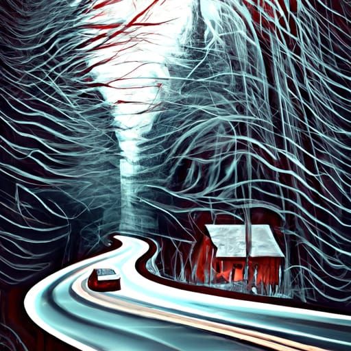 Winter Cabin on Winding Road: Hyperrealistic Splash Art