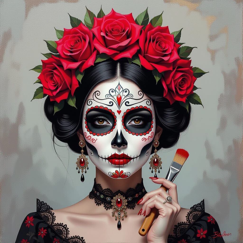 Gothic Victorian Calaca Woman Portrait in Impasto Style