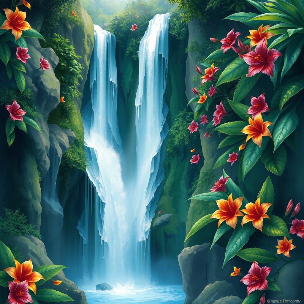Crystal Waterfall on Lush Cliffside in Digital Watercolor St...