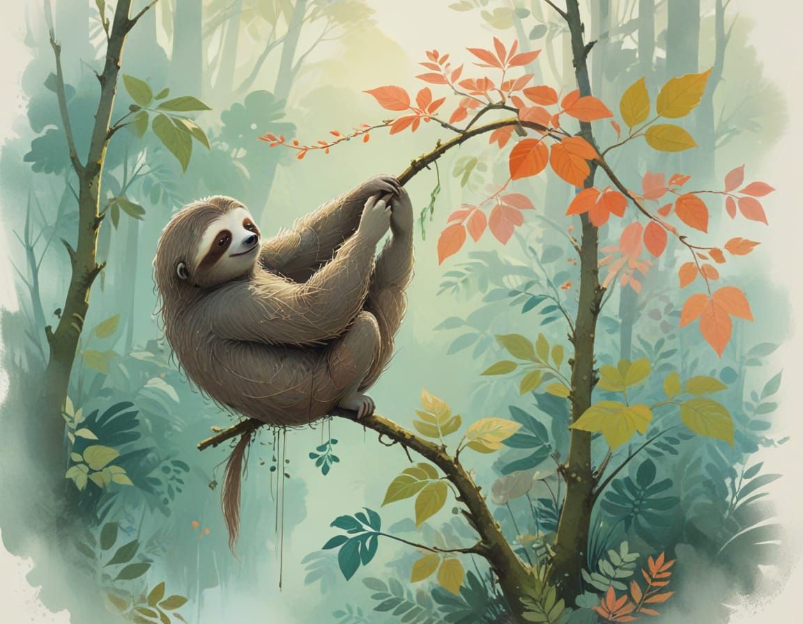 Sloth in Misty Rainforest: Watercolor and Gouache