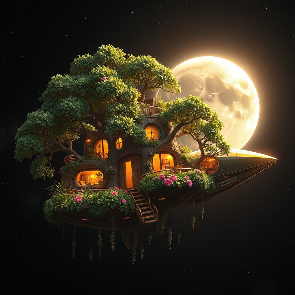 Surreal Solarpunk Treehouse in Futuristic Spaceship Soars Th...