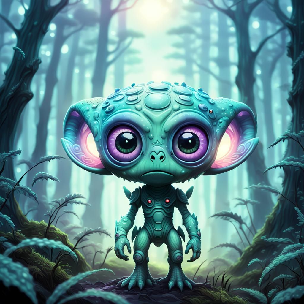 Cute Alien Monster in Misty Forest: Kawaii Close-Up