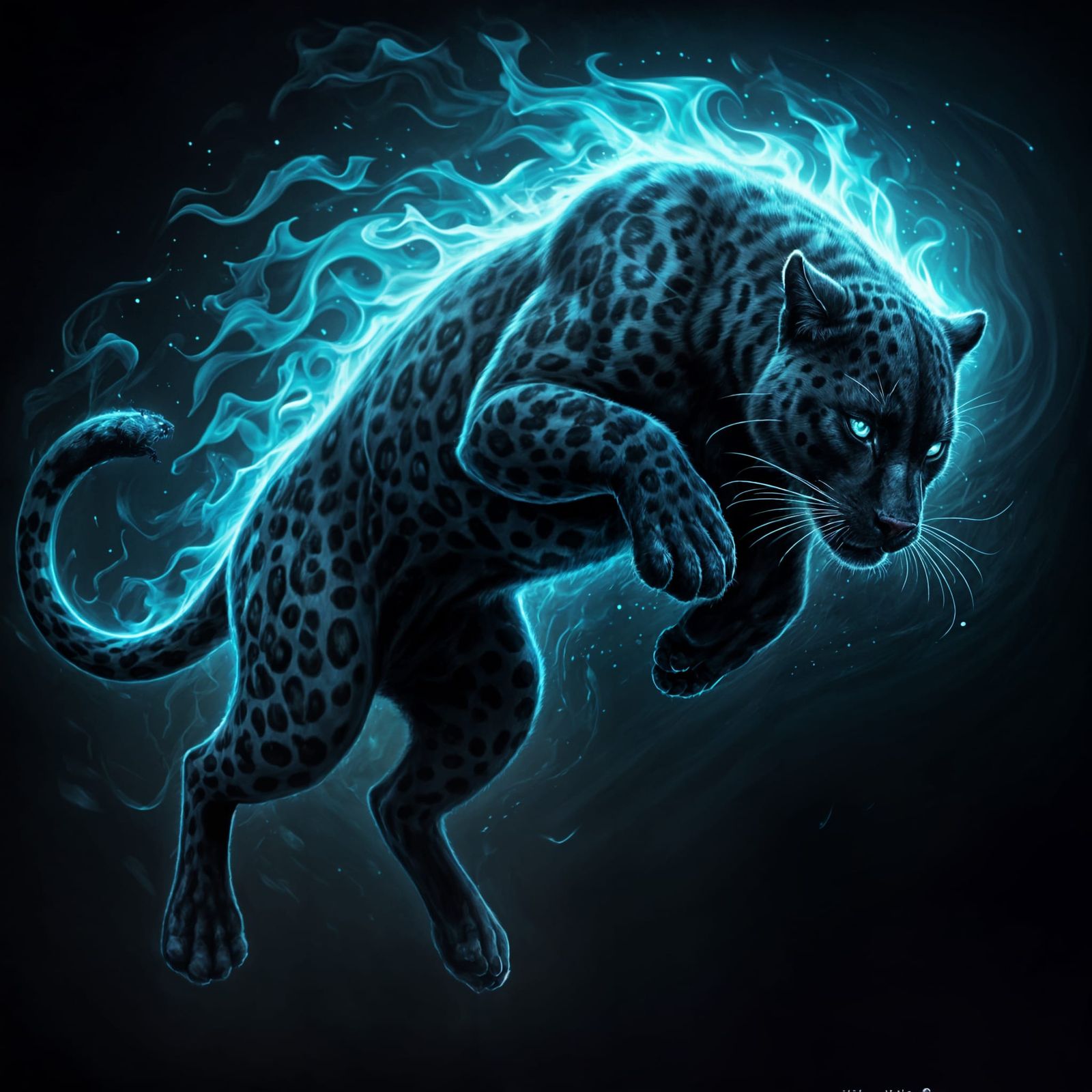 Black Panther Leaping with Blue Flames