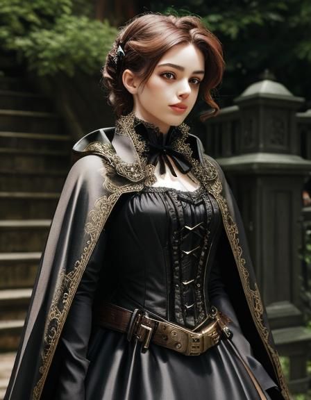 Victorian Steampunk Dress with Goggles and Cape