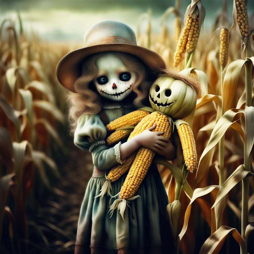 Girl Hugging Scarecrow in Cornfield, Eerie Art