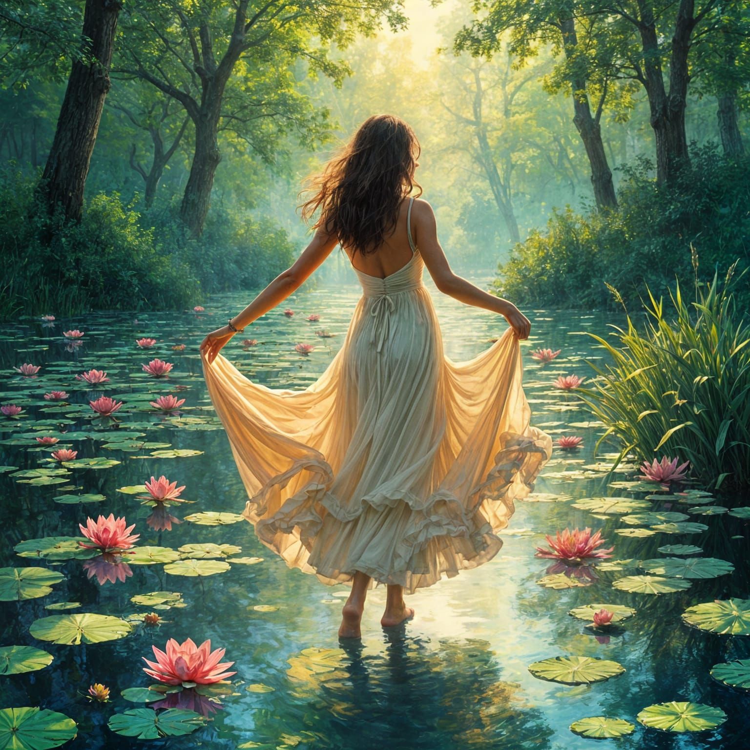 Impressionist Woman Dancing in a Monet-Inspired Garden