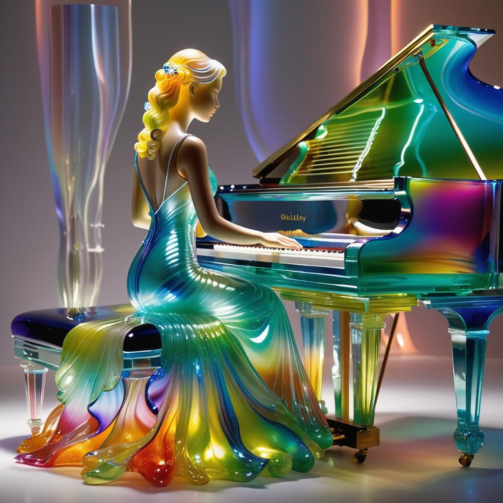 Glass Pianist Sculpture in Chihuly Style