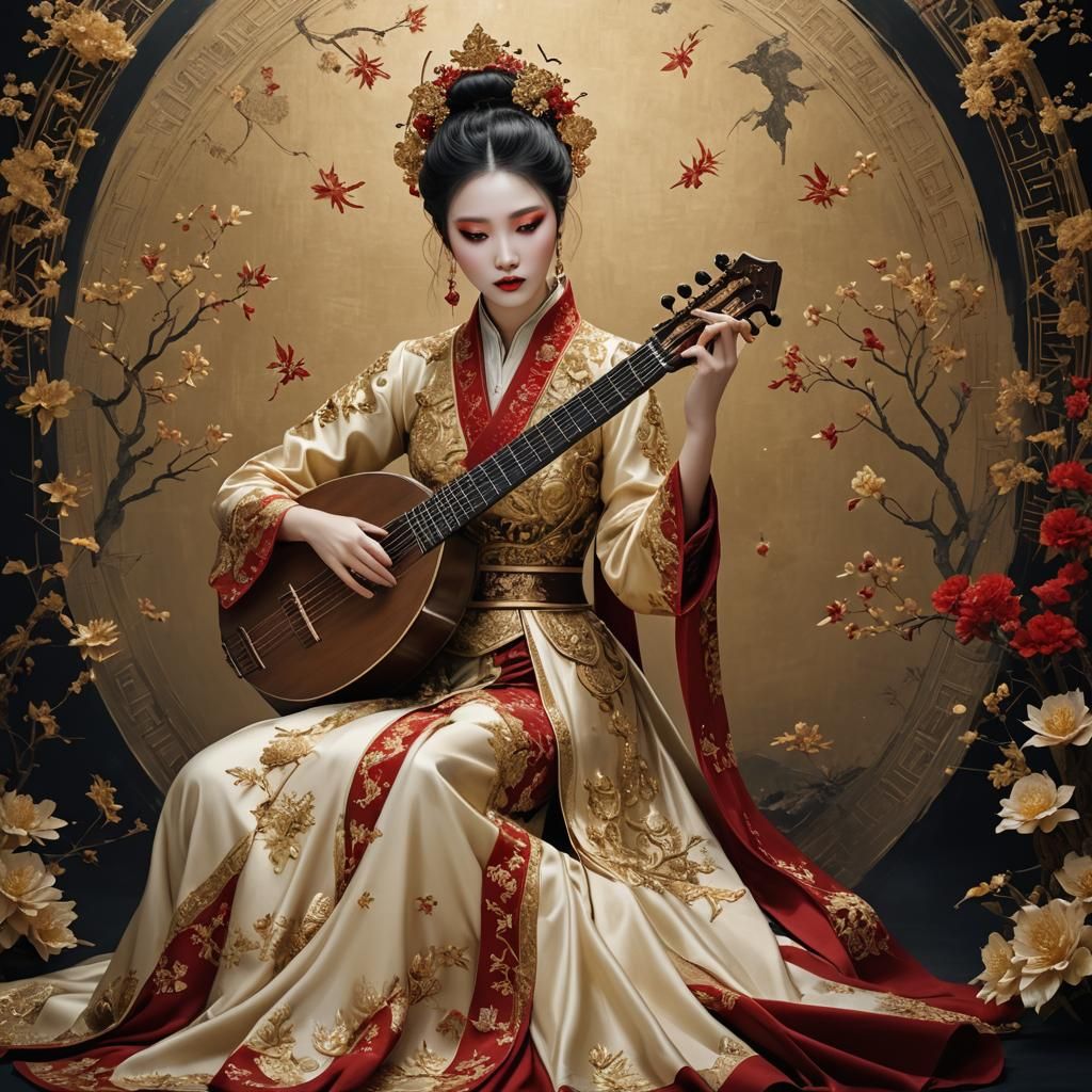 Girl with Lute in Stars Art Style