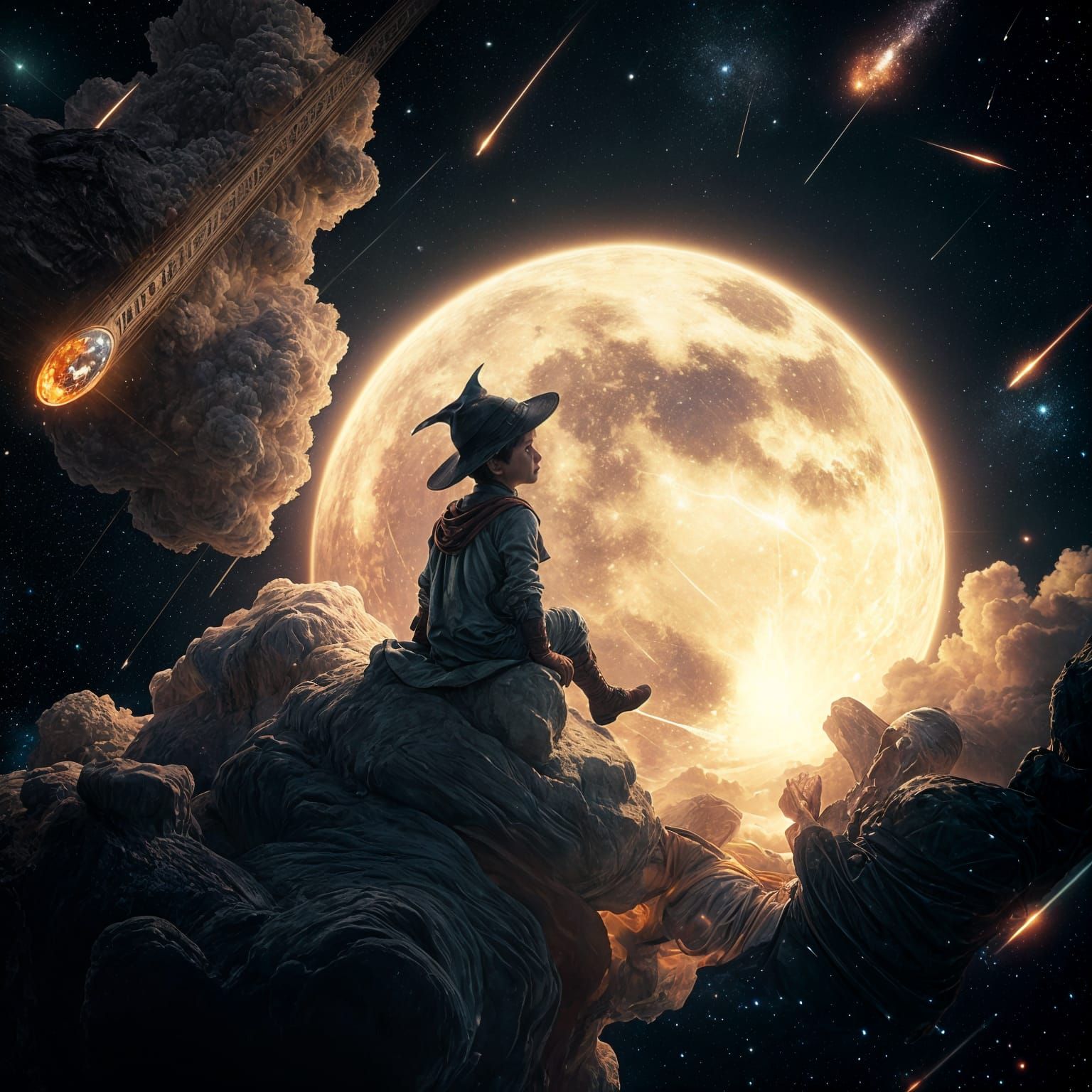 Cosmic Boy Sitting on a New Moon in Dreamlike Scene