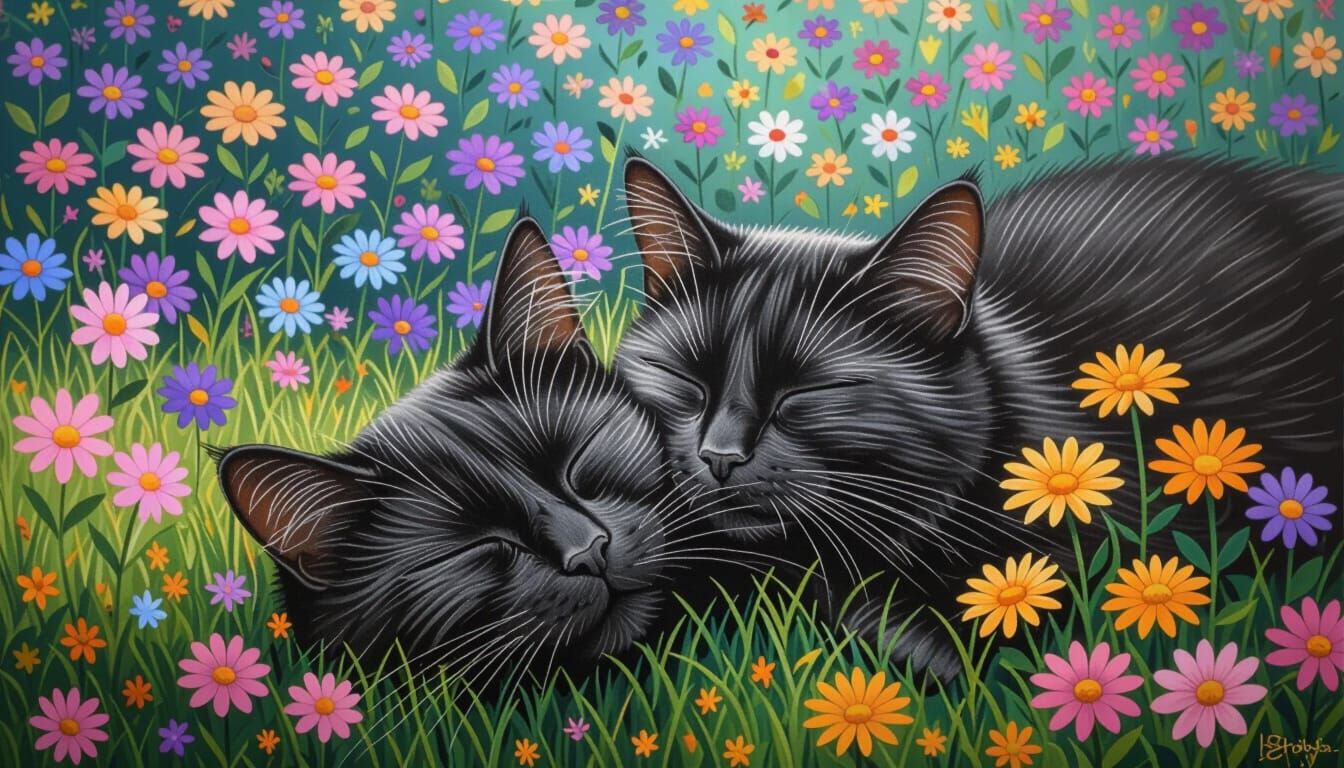 Black Cat Relaxing on Sunny Lawn in Whimsical Style
