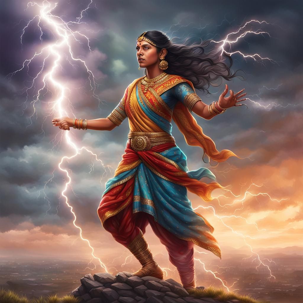 Indian Woman Wielding Thunder in Hyperrealistic Splash Art