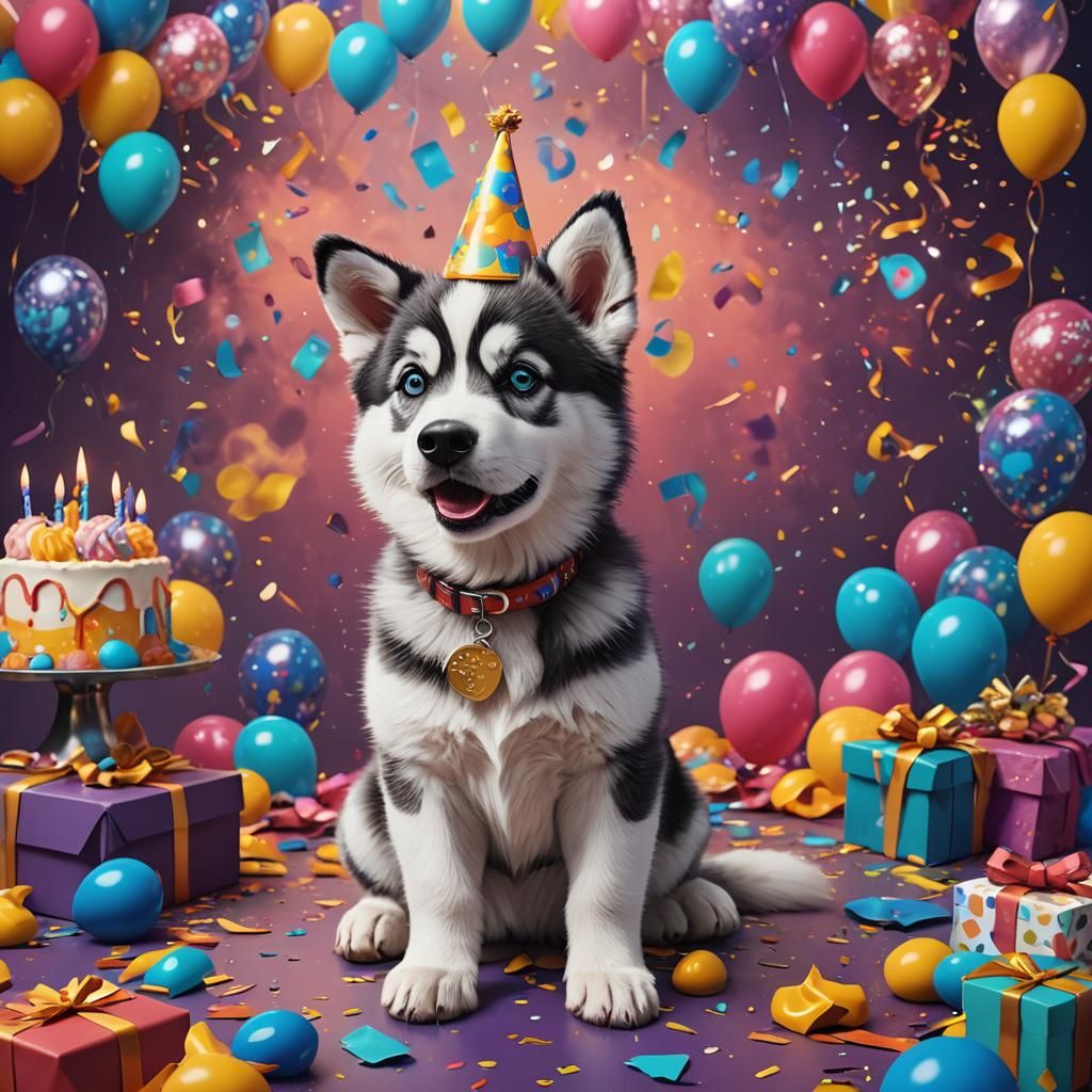 Husky Puppy Birthday Invitation: Colorful Fantasy Art