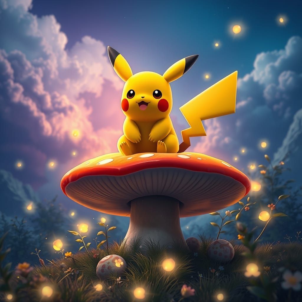 Whimsical Pikachu Amidst Lush Fantasy Landscape