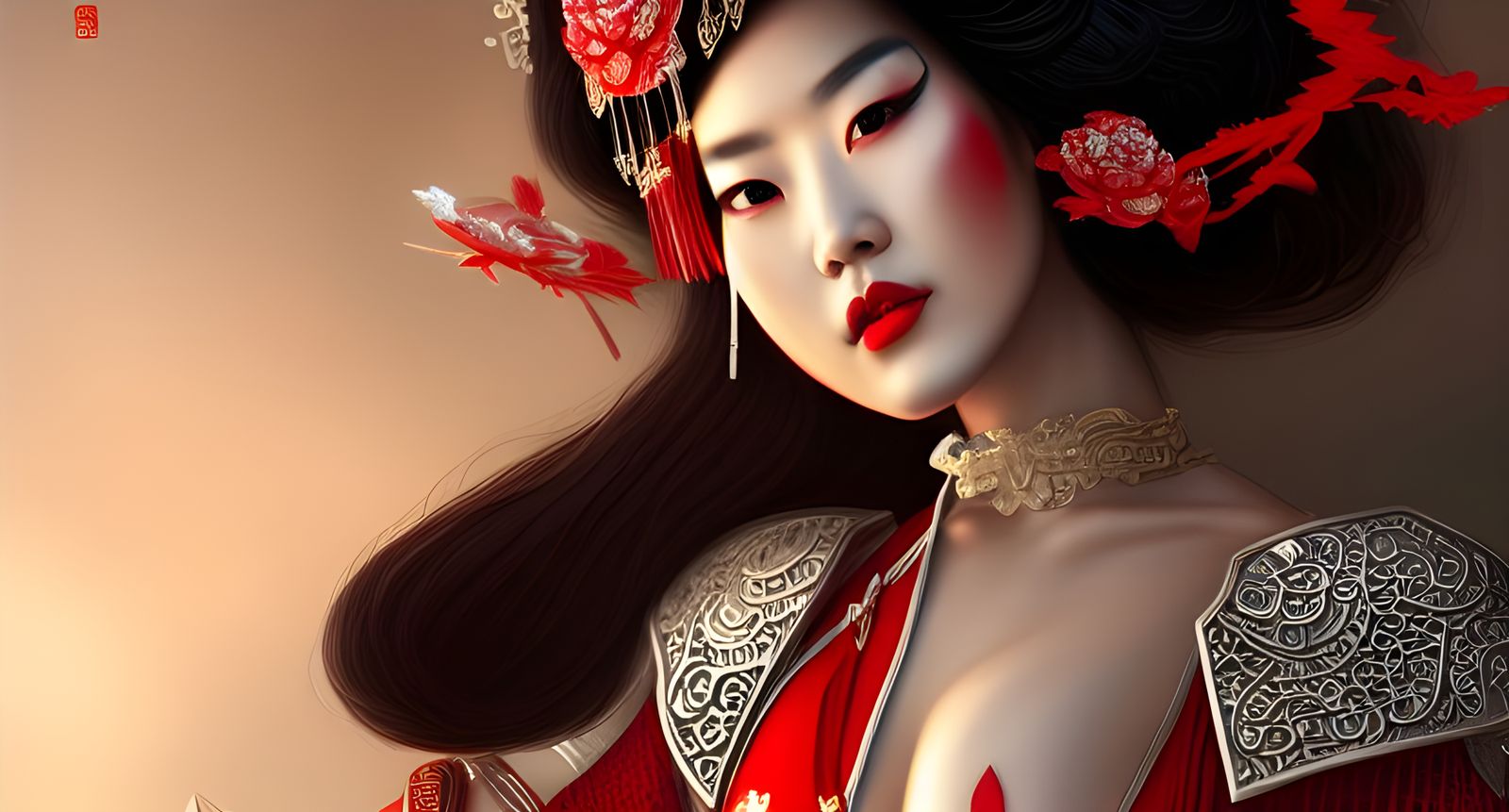 Geisha in Intricate Silver and Red Bikini Armour