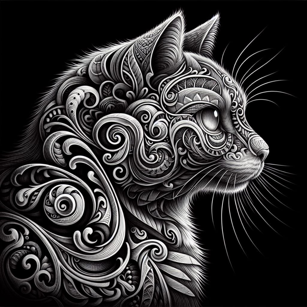 Tribal Cat Tattoo Design in Charcoal Style