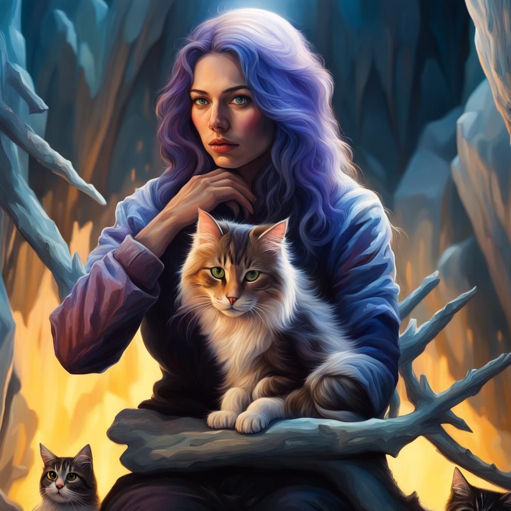Ice Cave Throne: Woman and Norwegian Cats