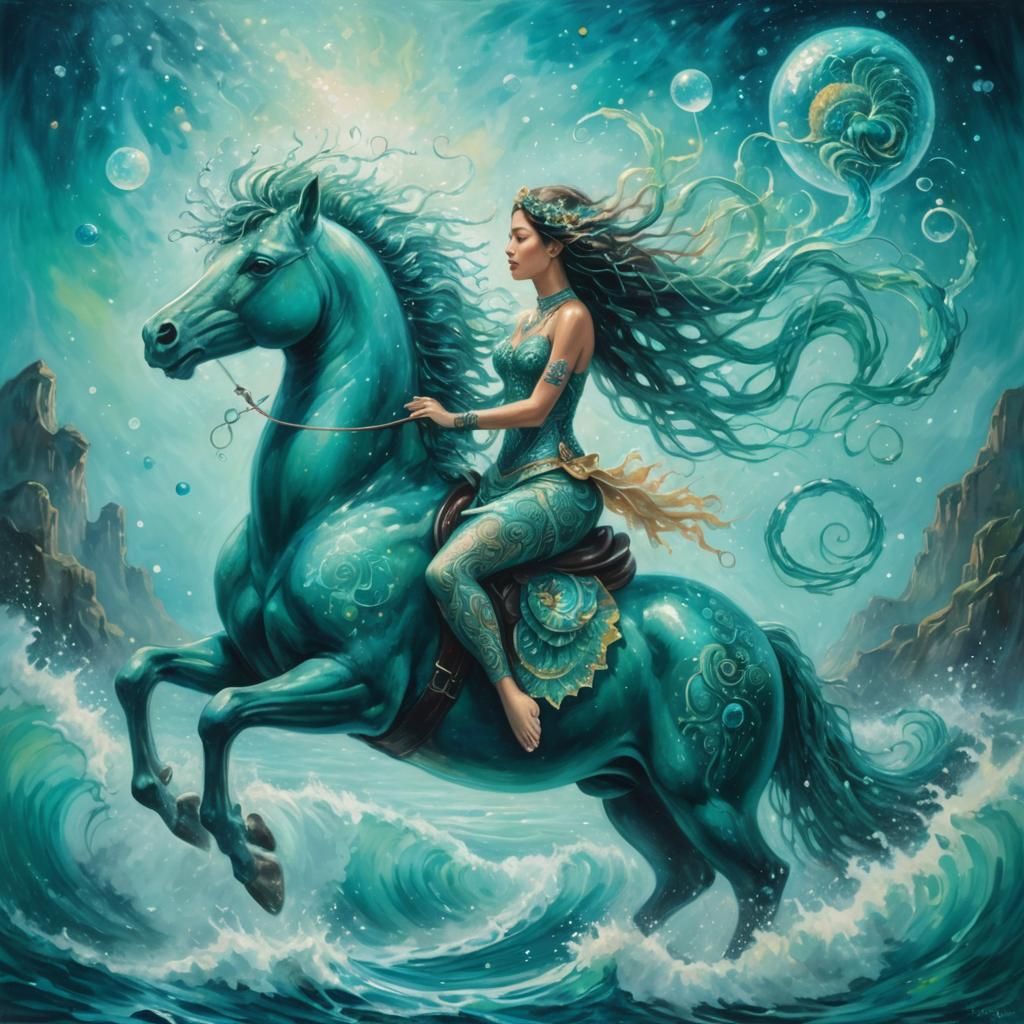 Mysterious Water Creature on Hippocampus in Neo-Impressionis...