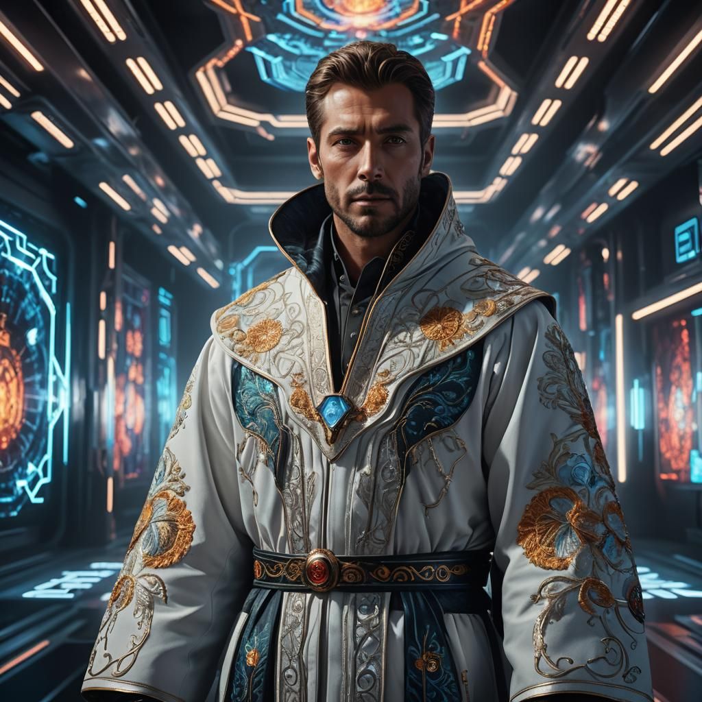 Hyperrealistic Portrait of Man in Embroidered Robes