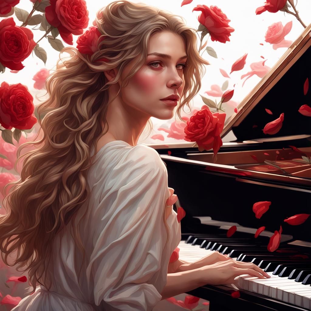 Beautiful Pianist Surrounded by Roses: Hyperrealistic 8K Por...