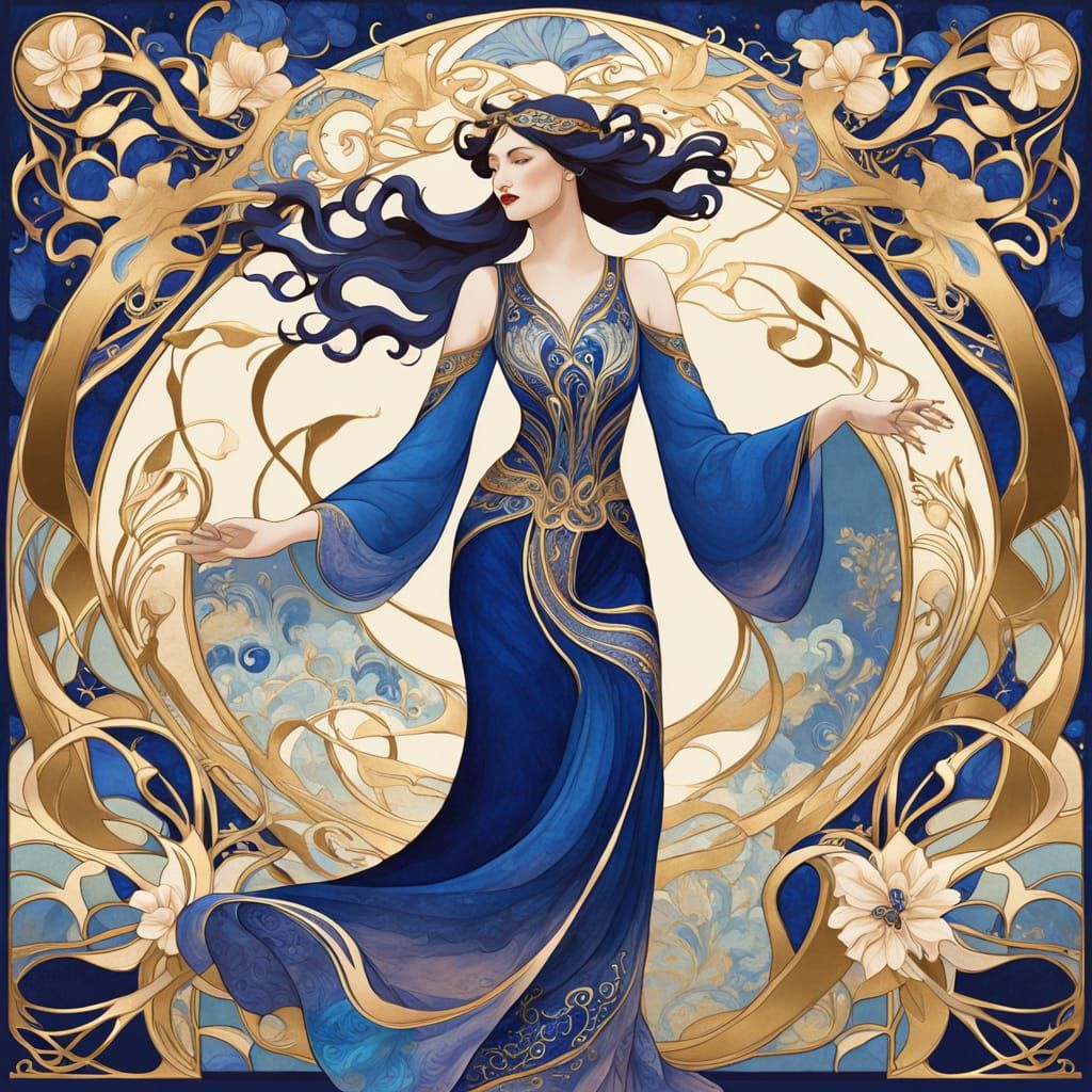 Art Nouveau Poster: Woman with Floral Frame and Gold Detail