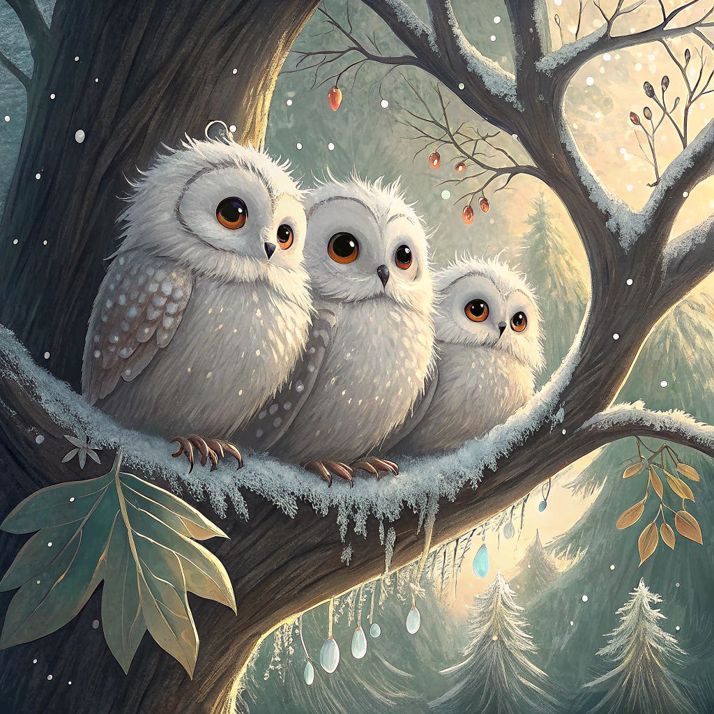 White Owls in Winter Wonderland, Digital Painting