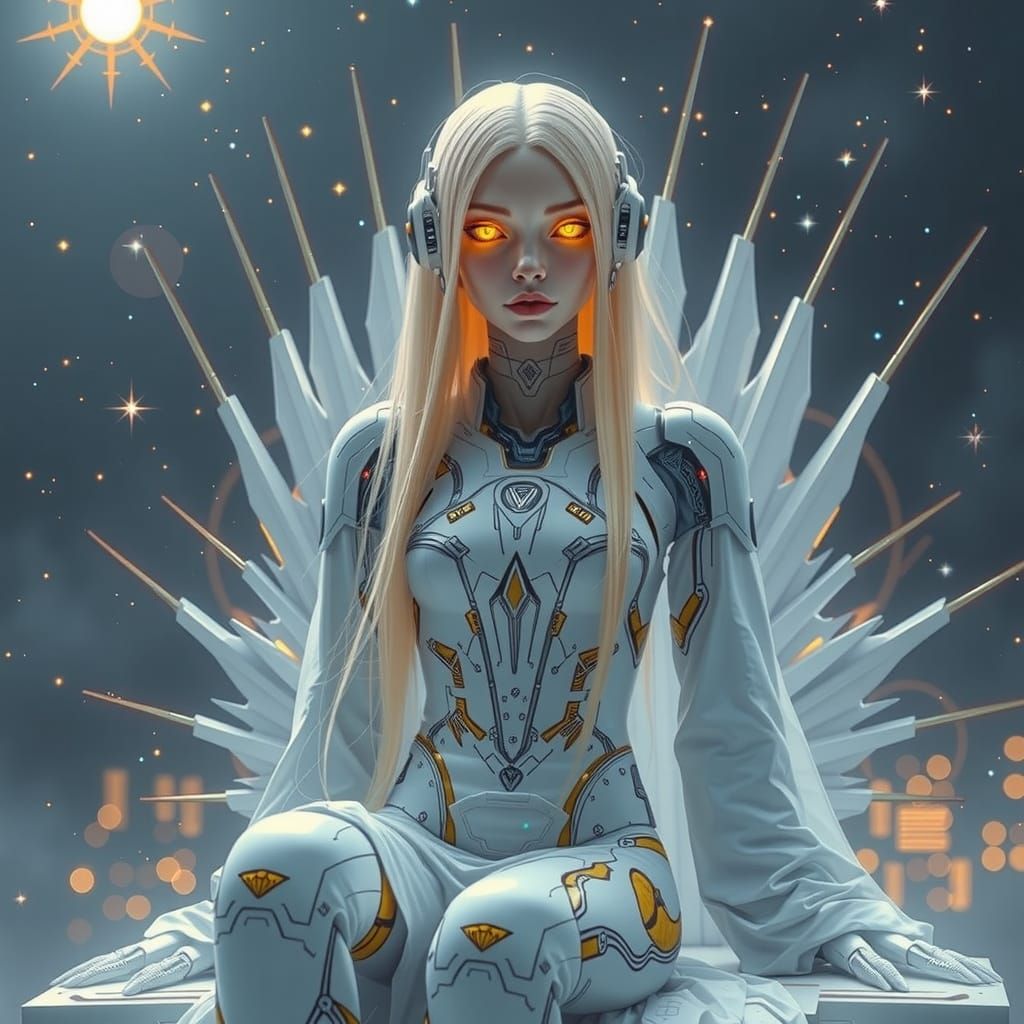 Robotic Woman on Throne in Prismatic Digital Art