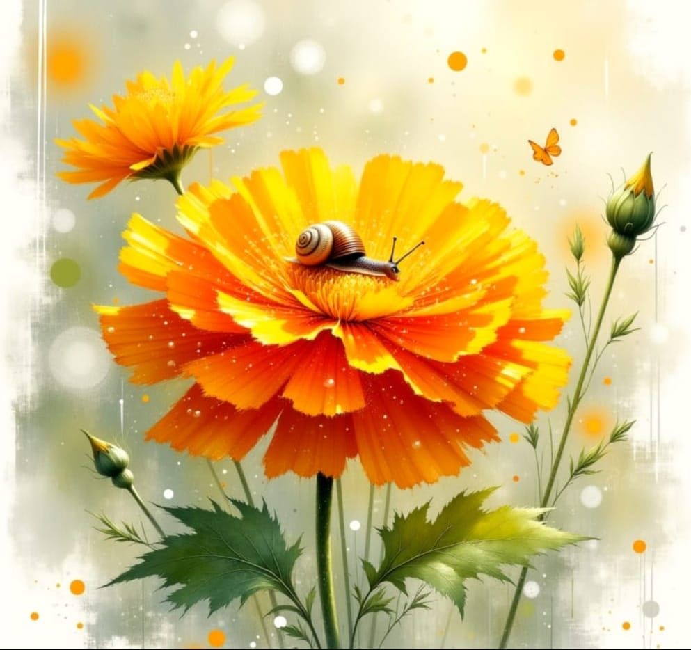 Whimsical Watercolour Marigold Blooms in Soft Sunlight