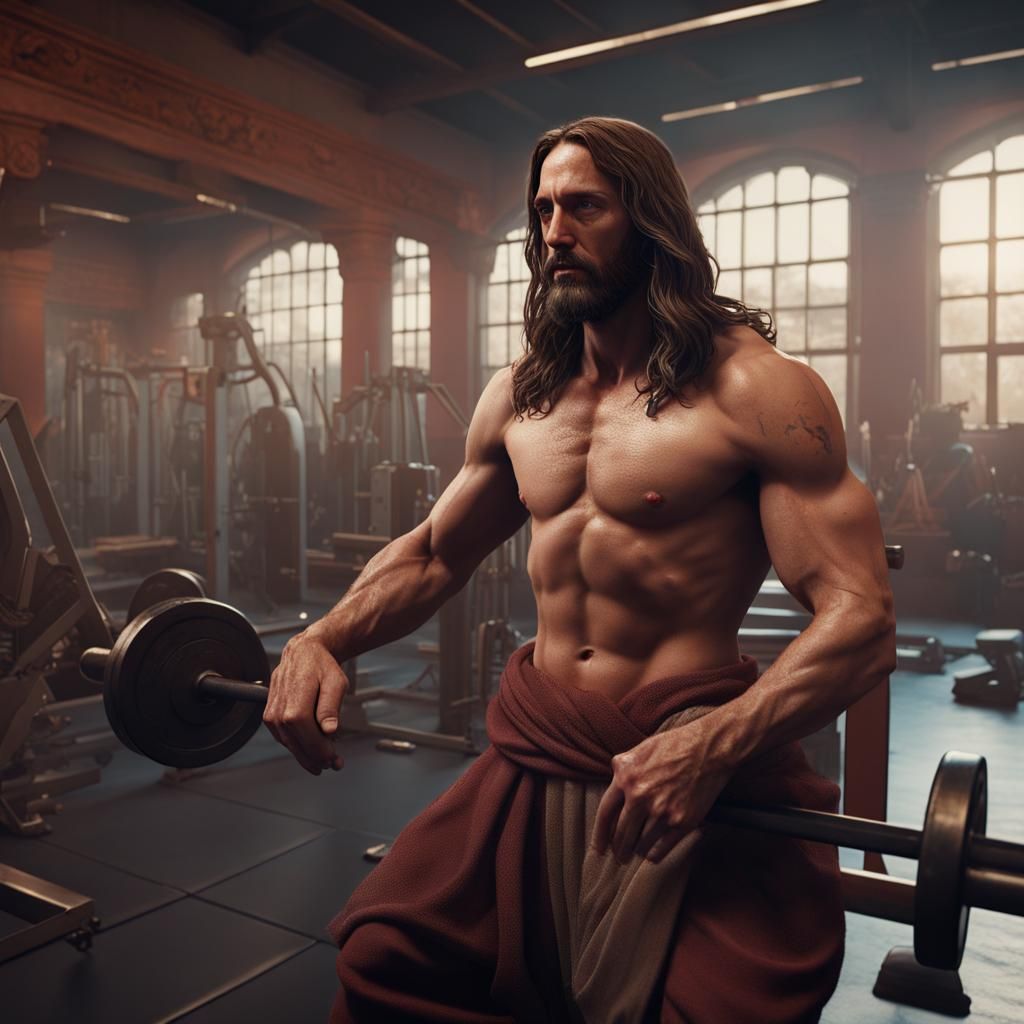 Jesus Christ Gym Workout: Detailed Fantasy Art