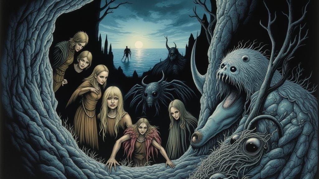 Figures Hiding from Looming Shadows in Comic Book Style