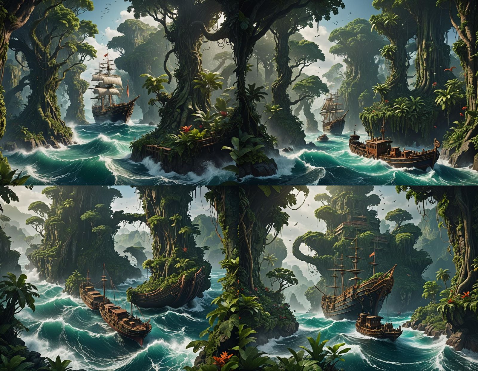 Jungle Ship Amidst Ocean Waves: Fantasy Concept Art