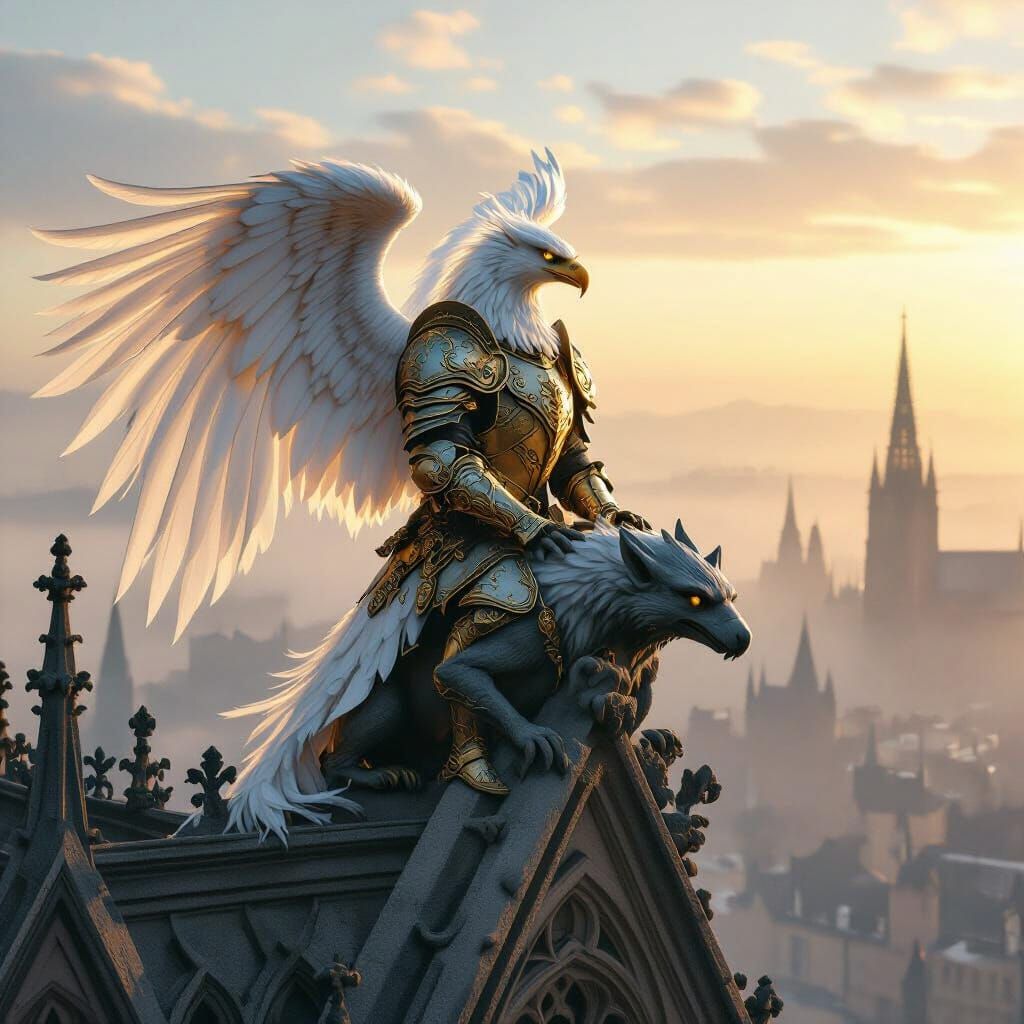 Armored Griffin Overlooks Victorian City at Dawn