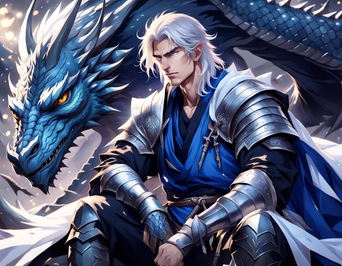 Azure-Eyed Knight Resting with Dragon in Anime Style
