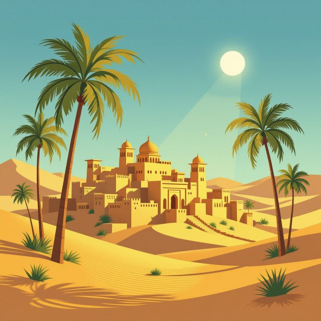 Zerzura: Legendary Oasis City in Minimalist Style