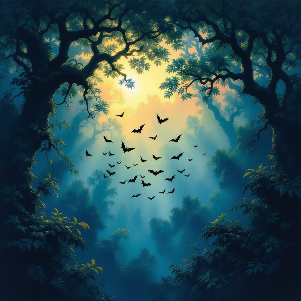 Mystical Bat Colony in Surreal Twilight Forest