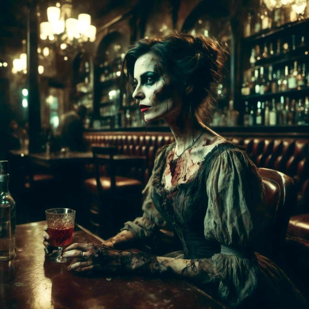 Elegant Woman in Dress at a Bar