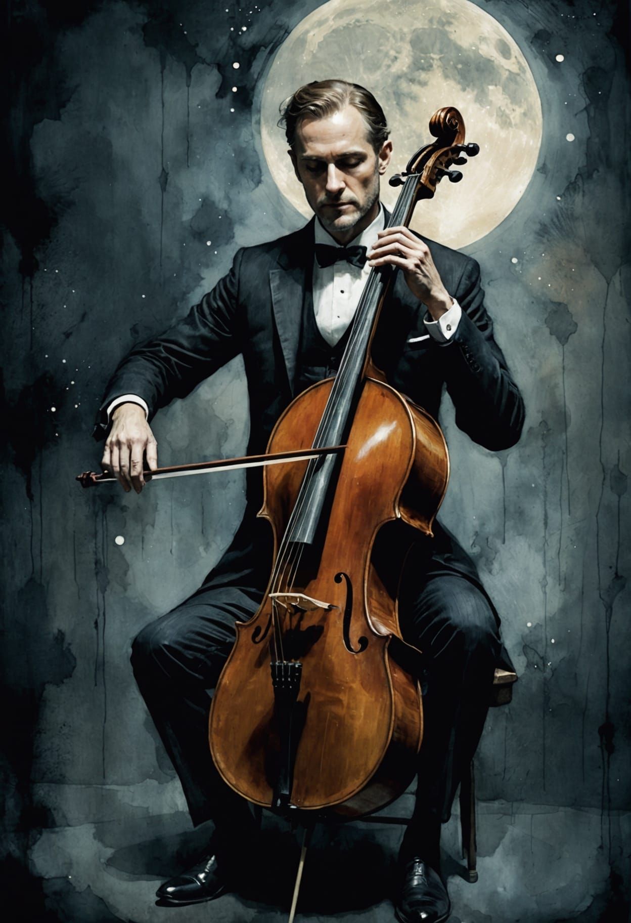 Vintage Gentleman Plays Cello Under Moonlight