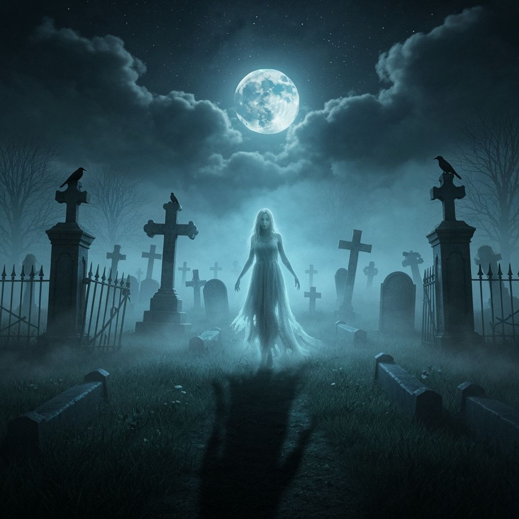 Eerie Graveyard Scene with Ghostly Woman in Moonlight