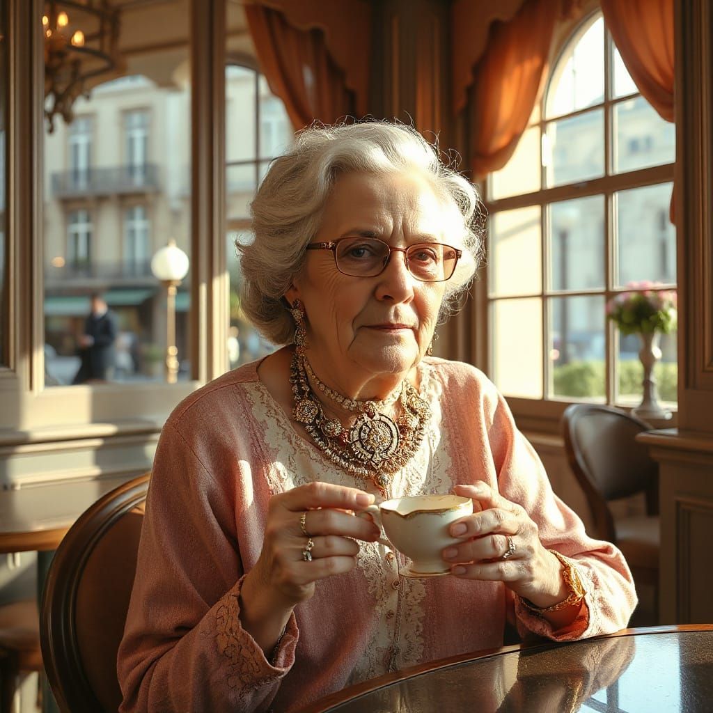 Elegant Woman in Parisian Cafe, Art Nouveau Style